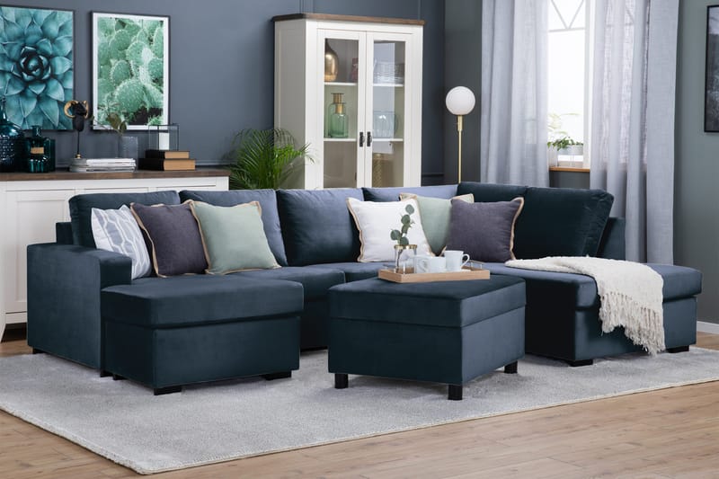 Crazy 4-personers Højrevendt U-formet Large Sofa med Chaiselong i Fløjl - Blå - Møbler - Sofaer - U Sofa