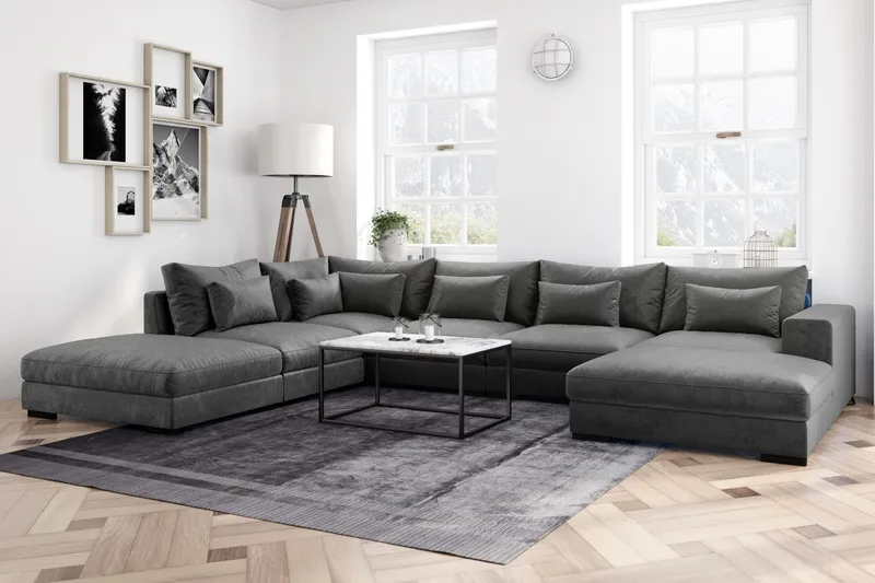 Dubai Stor U Sofa Modul med Divan Højre Fløjl Ekstra Dyb - Mørkegrå - Møbler - Sofaer - Modulsofaer - Komplet modulsofa