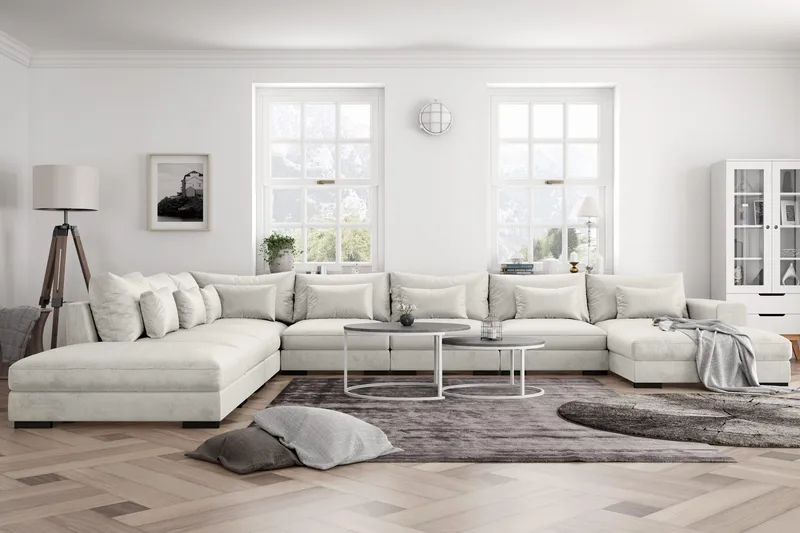 Dubai U-modulsofa Large med Chaiselong Højre Velour - Hvid - Møbler - Sofaer - Modulsofaer - Komplet modulsofa