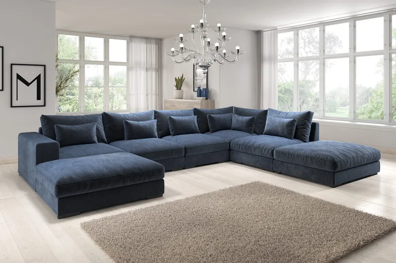 Dubai U-modulsofa med Chaiselong Venstre Velour - Blå - Møbler - Sofaer - Modulsofaer - Komplet modulsofa
