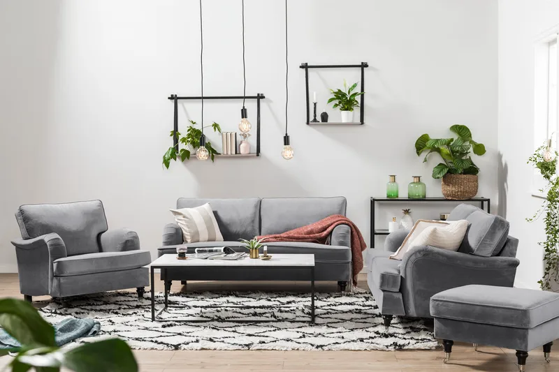 Howard-sofa uden divan og chaiselong Bloomington Howard Classic fløjlsofa 3-personers Vera 2, Grå velour - Møbler - Sofaer - 3 personers sofa