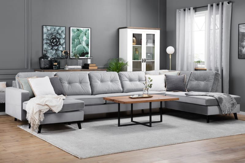 Monroe 4-personers Højrevendt U-formet Sofa med Divan og Chaiselong i Fløjl - Lysegrå - Møbler - Sofaer - Velour sofaer