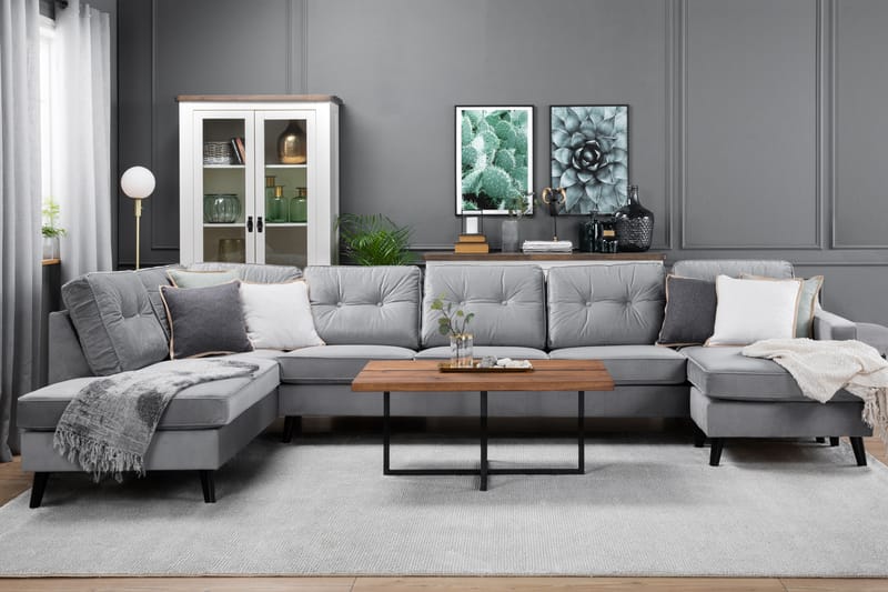 Monroe 6-personers Venstrevendt U-formet Large Sofa med Divan og Chaiselong i Fløjl - Lysegrå - Møbler - Sofaer - Velour sofaer
