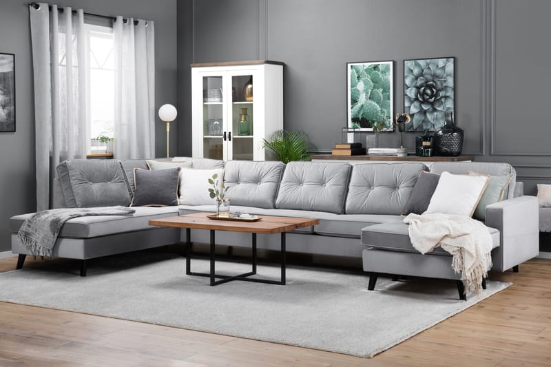Monroe 6-personers Venstrevendt U-formet Large Sofa med Divan og Chaiselong i Fløjl - Lysegrå - Møbler - Sofaer - Velour sofaer