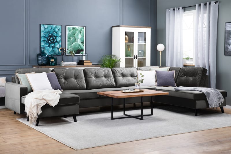 Monroe 6-personers Højrevendt U-formet Large Sofa med Divan og Chaiselong i Fløjl - Mørkegrå - Møbler - Sofaer - Velour sofaer