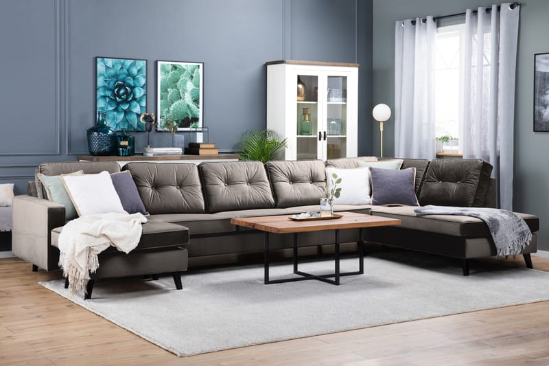 Monroe 6-personers Højrevendt U-formet Large Sofa med Divan og Chaiselong i Fløjl - Brun - Møbler - Sofaer - Velour sofaer