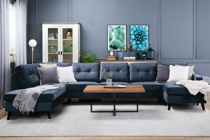 Monroe 6-personers Venstrevendt U-formet Large Sofa med Divan og Chaiselong i Fløjl - Blå - Møbler - Sofaer - Velour sofaer