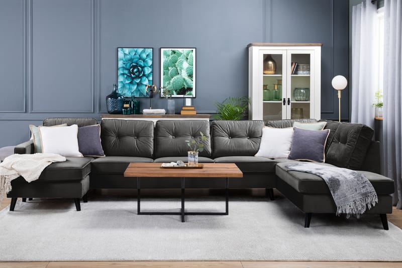 Monroe 6-personers Venstrevendt U-formet Large Sofa med Divan og Chaiselong i Fløjl - Mørkegrå - Møbler - Sofaer - Velour sofaer