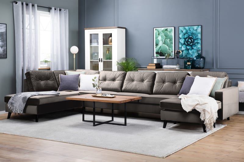 Monroe 6-personers Venstrevendt U-formet Large Sofa med Divan og Chaiselong i Fløjl - Brun - Møbler - Sofaer - Velour sofaer