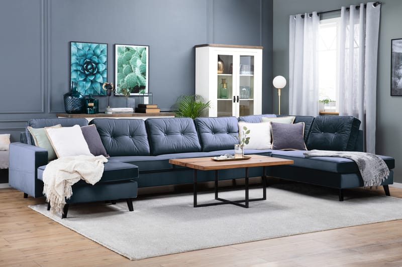 Monroe 6-personers Højrevendt U-formet Large Sofa med Divan og Chaiselong i Fløjl - Blå - Møbler - Sofaer - Velour sofaer