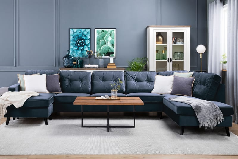 Monroe 6-personers Højrevendt U-formet Large Sofa med Divan og Chaiselong i Fløjl - Blå - Møbler - Sofaer - Velour sofaer