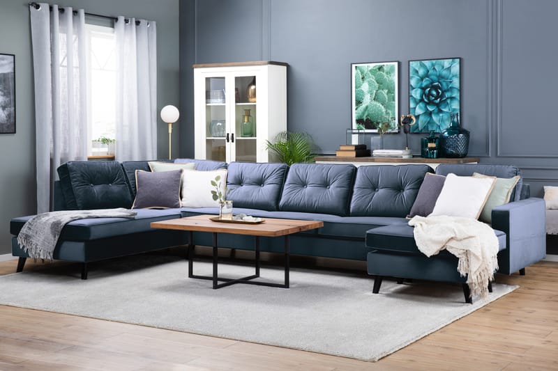 Monroe 6-personers Venstrevendt U-formet Large Sofa med Divan og Chaiselong i Fløjl - Blå - Møbler - Sofaer - Velour sofaer