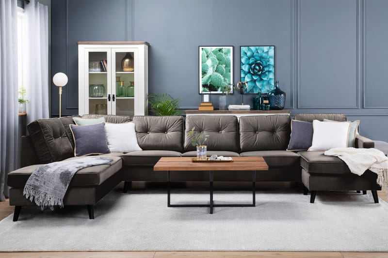Monroe 6-personers Venstrevendt U-formet Large Sofa med Divan og Chaiselong i Fløjl - Brun - Møbler - Sofaer - Velour sofaer