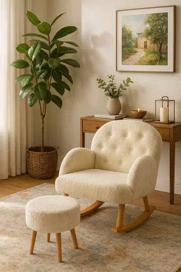Øreklapstol- og pufsæt (2 dele) Atelier Del Sofa Dugmeli (80 x 85 x 65 cm) Creme - Møbler - Stole & lænestole - Lænestole