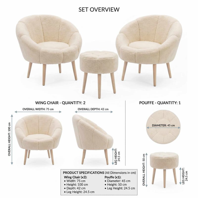 Ørelænestol- og pufsæt (3 dele) Atelier Del Sofa Lida Wellsoft (75 x 100 x 42 cm) Creme - Møbler - Stole & lænestole - Lænestole