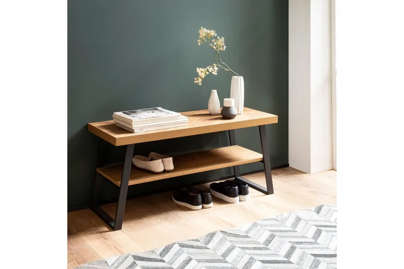 Bænk Wohnling Eg Sildebensmønster med Hylde Robust Metalstel Moderne Look - Møbler - Stole & lænestole - Bænke - Skohylde med bænk