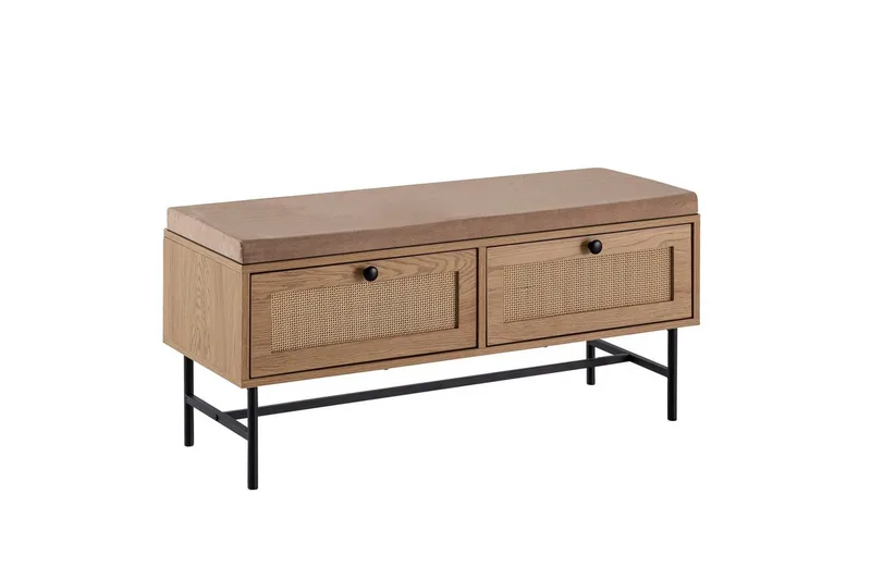 Bænk Wohnling Stofbetrukket siddebænk med 2 skuffer i rattan-look egetræ, undefined