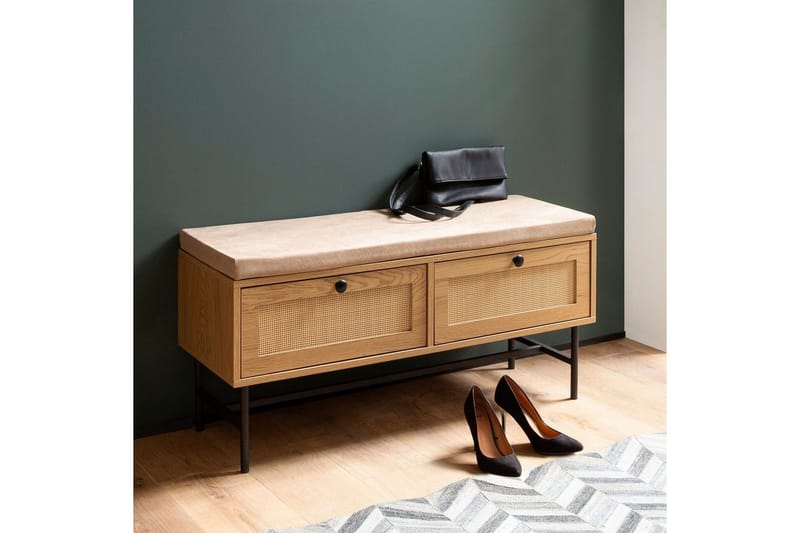 Bænk Wohnling Stofbetrukket siddebænk med 2 skuffer i rattan-look egetræ - Møbler - Stole & lænestole - Bænke - Entrébænk