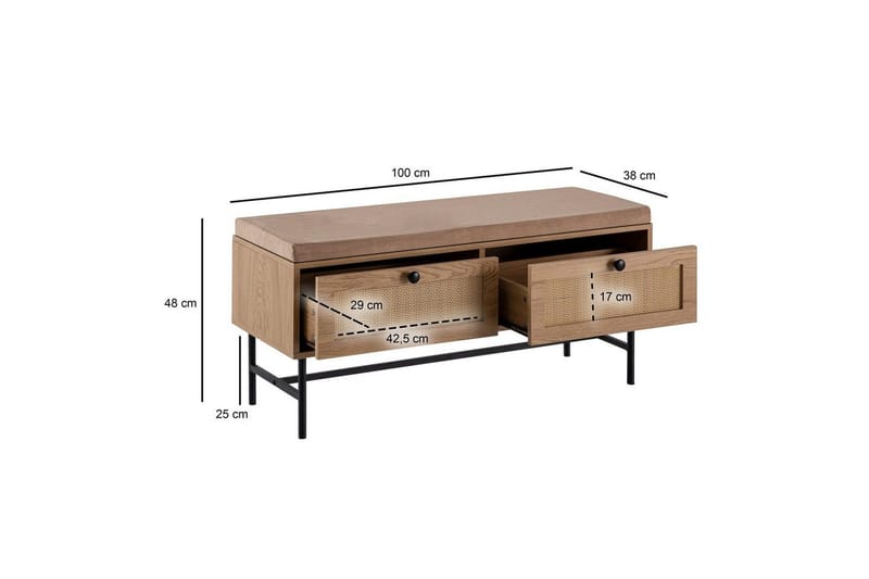 Bænk Wohnling Stofbetrukket siddebænk med 2 skuffer i rattan-look egetræ - Møbler - Stole & lænestole - Bænke - Entrébænk