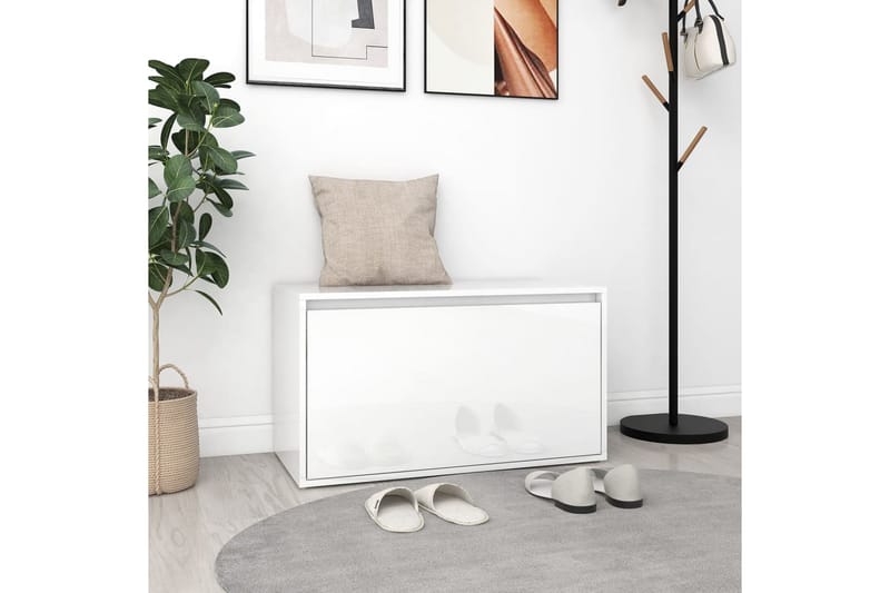 entrébænk 80x40x45 cm spånplade hvid højglans - Hvid - Møbler - Stole & lænestole - Bænke - Entrébænk - Entrébænk med opbevaring
