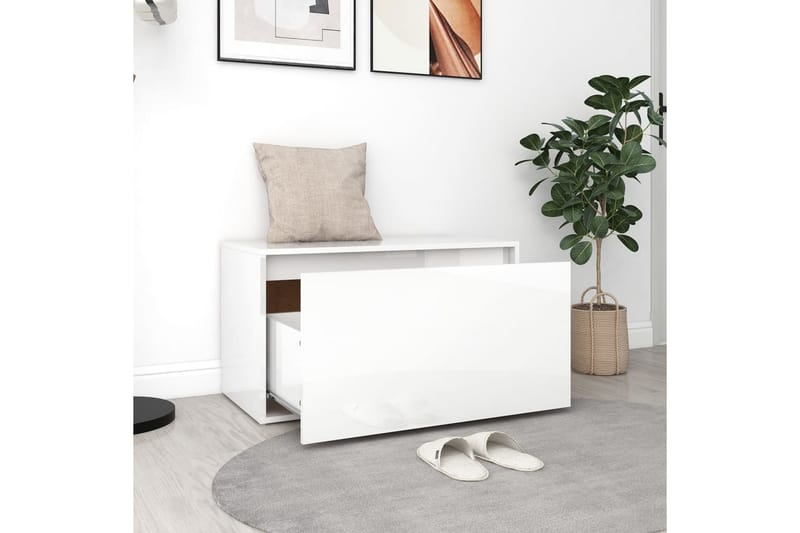 entrébænk 80x40x45 cm spånplade hvid højglans - Hvid - Møbler - Stole & lænestole - Bænke - Entrébænk - Entrébænk med opbevaring