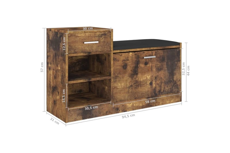 skobænk 94,5x31x57 cm spånplade røget eg - Brun - Møbler - Stole & lænestole - Bænke - Skohylde med bænk