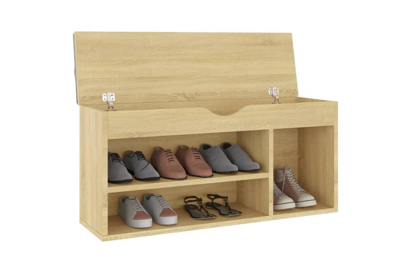 skobænk med hynde 104x30x49 cm spånplade sonoma-eg - Brun - Møbler - Stole & lænestole - Bænke - Skohylde med bænk