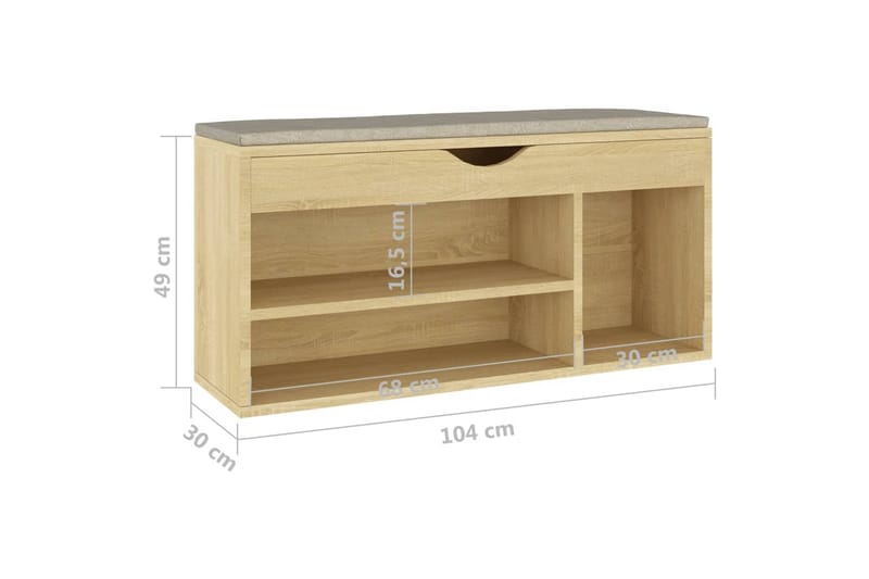 skobænk med hynde 104x30x49 cm spånplade sonoma-eg - Brun - Møbler - Stole & lænestole - Bænke - Skohylde med bænk