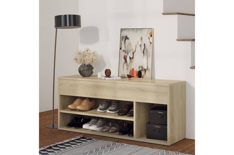skobænk 105x30x45 cm spånplade sonoma-eg - Brun - Møbler - Stole & lænestole - Bænke - Skohylde med bænk