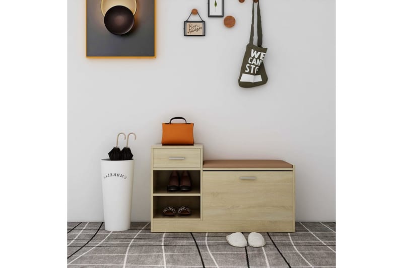 skobænk 94,5x31x57 cm spånplade sonoma-eg - Brun - Møbler - Stole & lænestole - Bænke - Skohylde med bænk