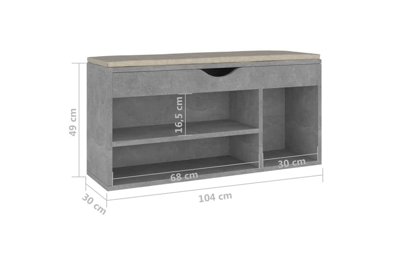 skobænk med hynde 104x30x49 cm spånplade betongrå - Grå - Entréopbevaring - Skohylde med bænk