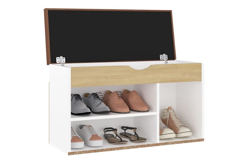 skobænk med hynde 80x30x47 cm spånplade hvid og sonoma-eg - Beige - Møbler - Stole & lænestole - Bænke - Skohylde med bænk