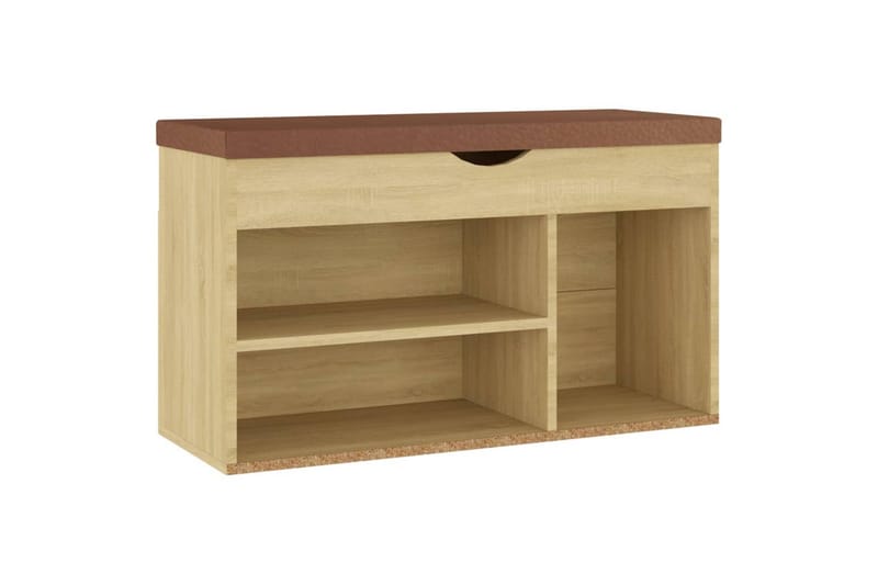 skobænk med hynde 80x30x47 cm spånplade hvid og sonoma-eg - Brun - Møbler - Stole & lænestole - Bænke - Skohylde med bænk