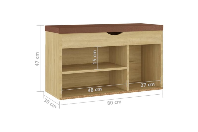 skobænk med hynde 80x30x47 cm spånplade hvid og sonoma-eg - Brun - Møbler - Stole & lænestole - Bænke - Skohylde med bænk