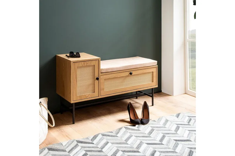 Skoskab Wohnling Polstret bænk i eg folieoptik 1 dør 1 skuffe - Møbler - Stole & lænestole - Bænke - Skohylde med bænk