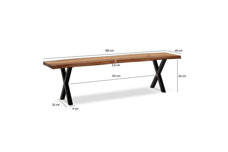 Spisebordsbænk Wohnling Massivt træ med metalben trækant landstil Sort, Korset, 180 cm - Sort, Korset, 180 cm - Møbler - Borde - Spisebord og køkkenbord
