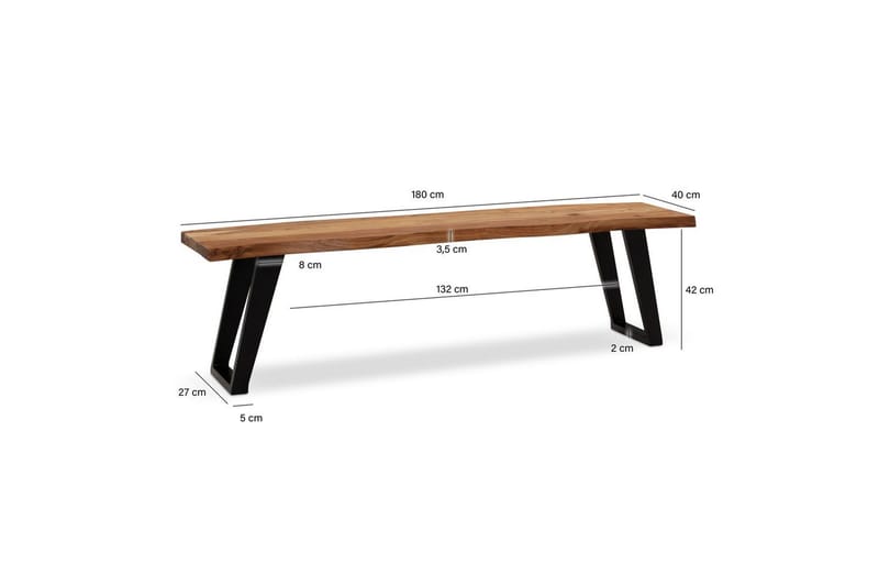 Spisebordsbænk Wohnling Massivt træ med metalben trækant landstil Sort, Vinklet, 180 cm - Sort, Vinklet, 180 cm - Møbler - Borde - Spisebord og køkkenbord