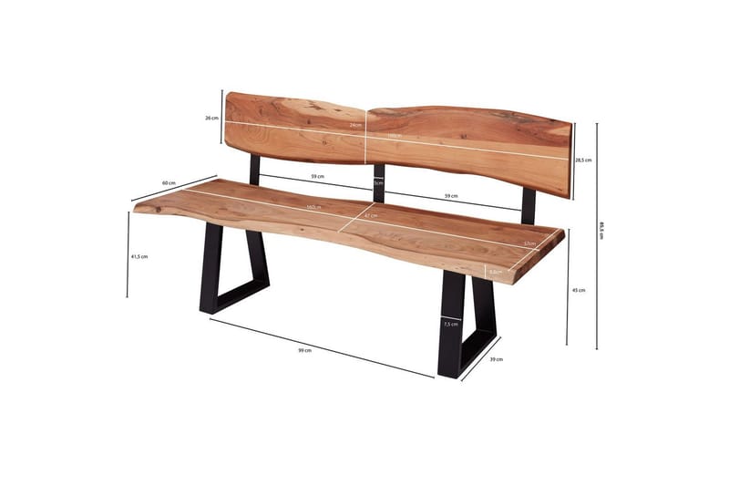 Spisebordsbænk Wohnling Spisebænk i massivt træ med bølget kant og metalben landlig stil Med ryglæn, 160 cm - Med ryglæn, 160 cm - Møbler - Borde - Spisebord og køkkenbord