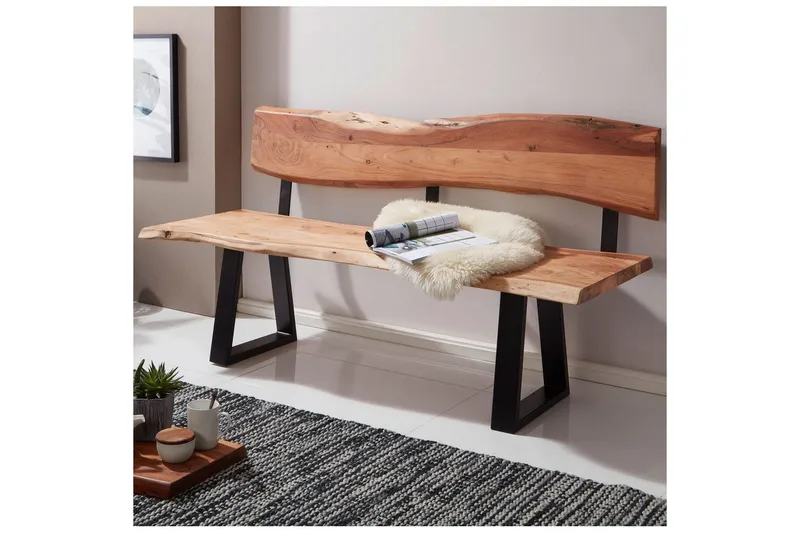 Spisebordsbænk Wohnling Spisebænk i massivt træ med bølget kant og metalben landlig stil Med ryglæn, 160 cm - Med ryglæn, 160 cm - Møbler - Stole & lænestole - Bænke