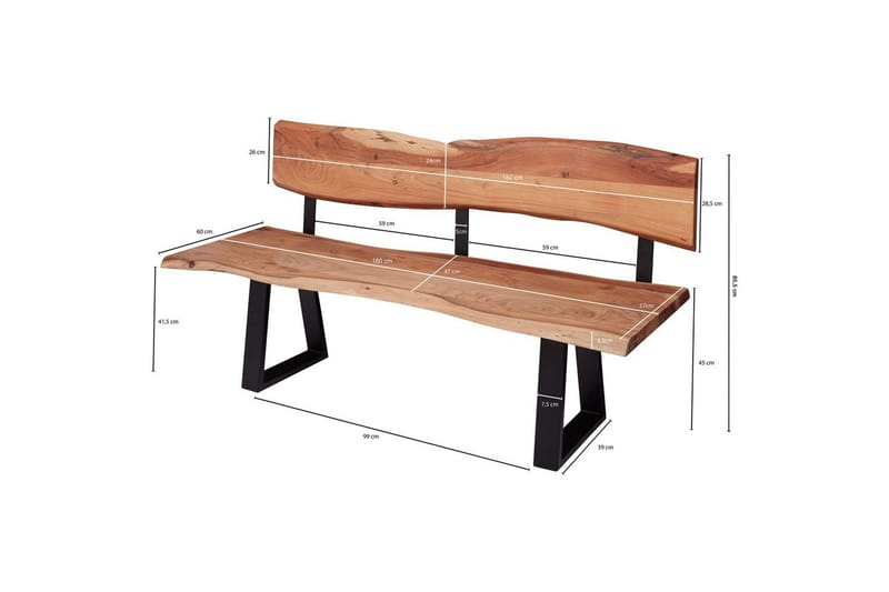 Spisebordsbænk Wohnling Spisebænk i massivt træ med bølget kant og metalben landlig stil Med ryglæn, 180 cm - Med ryglæn, 180 cm - Møbler - Stole & lænestole - Bænke