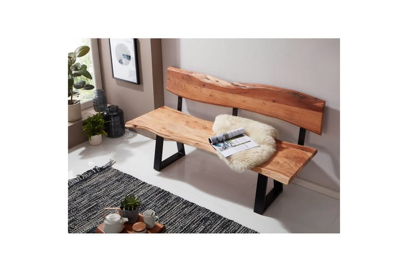 Spisebordsbænk Wohnling Spisebænk i massivt træ med bølget kant og metalben landlig stil Med ryglæn, 180 cm - Med ryglæn, 180 cm - Møbler - Stole & lænestole - Bænke