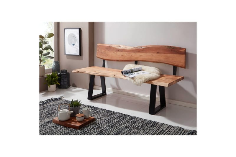 Spisebordsbænk Wohnling Spisebænk i massivt træ med bølget kant og metalben landlig stil Med ryglæn, 180 cm - Med ryglæn, 180 cm - Møbler - Stole & lænestole - Bænke