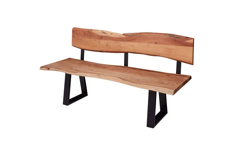 Spisebordsbænk Wohnling Spisebænk i massivt træ med bølget kant og metalben landlig stil Med ryglæn, 180 cm, Med ryglæn, 180 cm