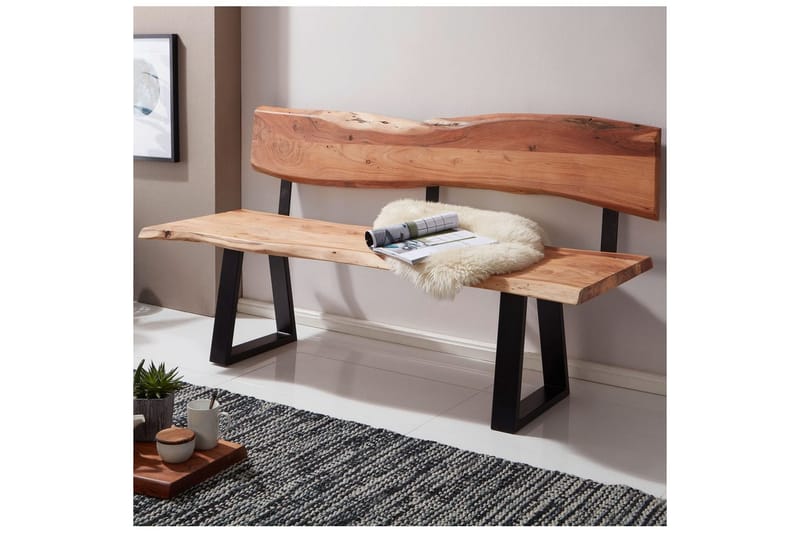 Spisebordsbænk Wohnling Spisebænk i massivt træ med bølget kant og metalben landlig stil Med ryglæn, 180 cm - Med ryglæn, 180 cm - Møbler - Stole & lænestole - Bænke