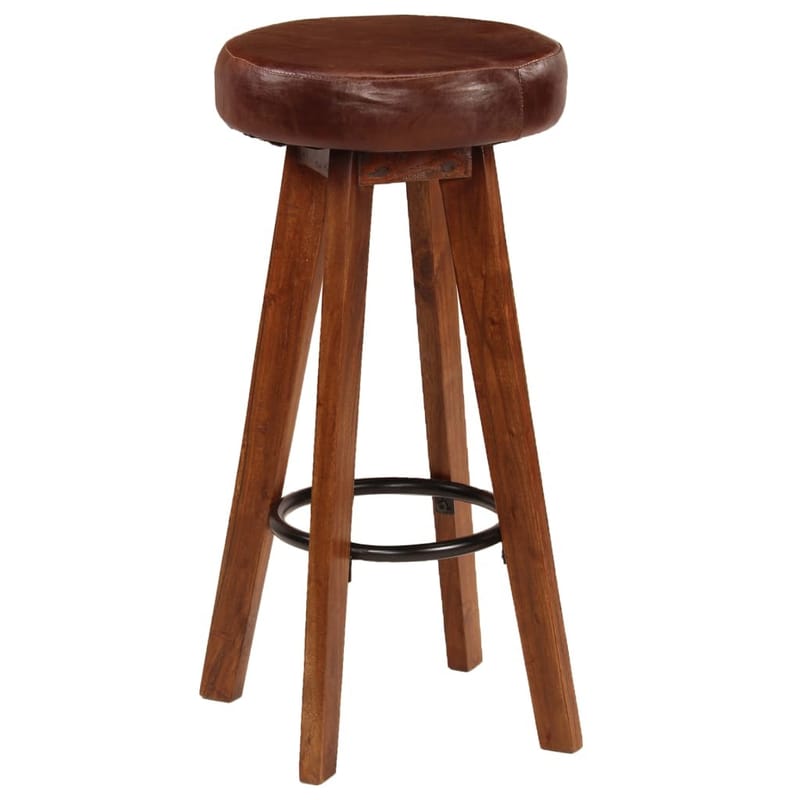 Barstole 2 Stk. Massivt Akacietræ Ægte Læder 45 X 45 X 76 Cm - Brun - Møbler - Stole & lænestole - Barstole