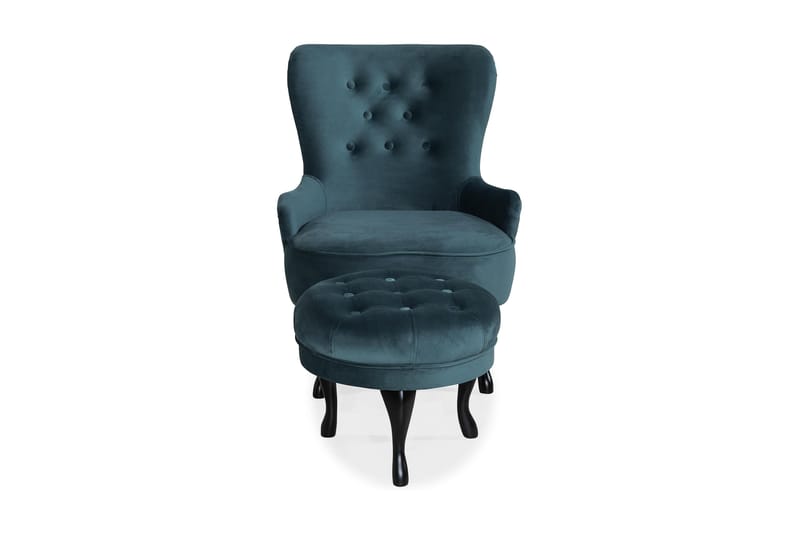 Dahlia Lænestol med Puf - Blågrøn Velour - Lænestole - Lænestol med fodskammel