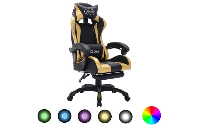gamingstol m. LED-lys RGB-farver kunstlæder guld og sort - Flerfarvet - Møbler - Stole & lænestole - Kontorstole & skrivebordsstole