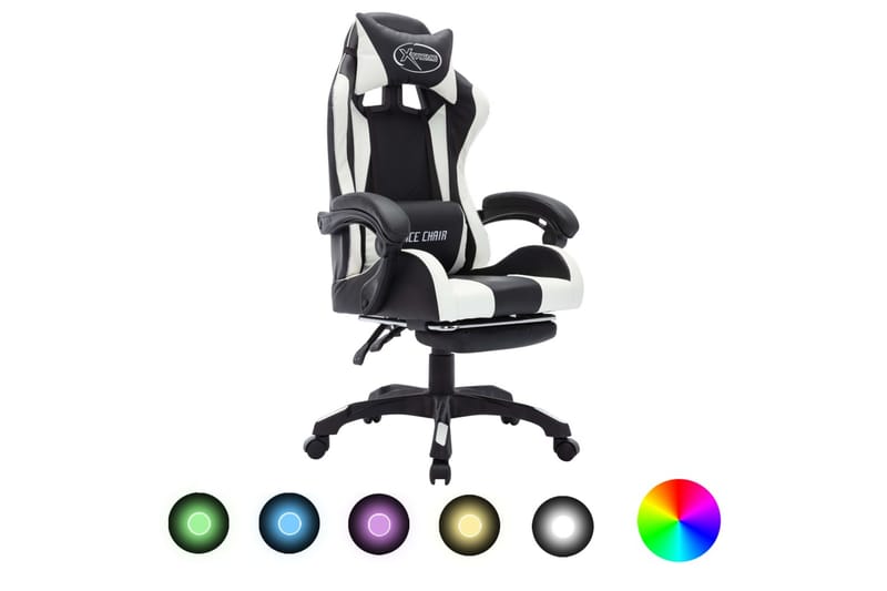 gamingstol m. LED-lys RGB-farver kunstlæder hvid og sort - Flerfarvet - Møbler - Stole & lænestole - Kontorstole & skrivebordsstole
