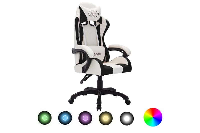 gamingstol m. LED-lys RGB-farver kunstlæder hvid og sort - Flerfarvet - Møbler - Stole & lænestole - Kontorstole & skrivebordsstole