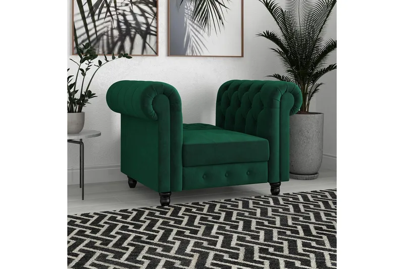 Lænestol Felix Mørkegrøn, Velour/Træ/Metal - Mørkegrøn, Velour/Træ/Metal - Møbler - Stole & lænestole - Lænestole